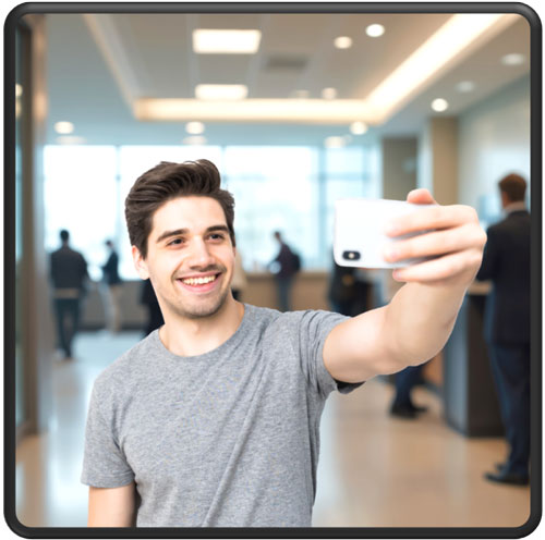 Man taking a selfie while at the bank, utilizing his ID Check app.