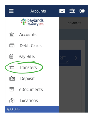 Image showing where on the Baylands app you can find the Transfers option
