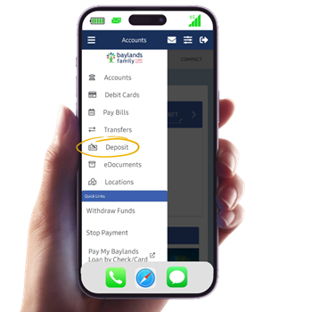 Image of a mobile device with the Baylands Family Credit Union app showing users where the remote deposit capture option is located.